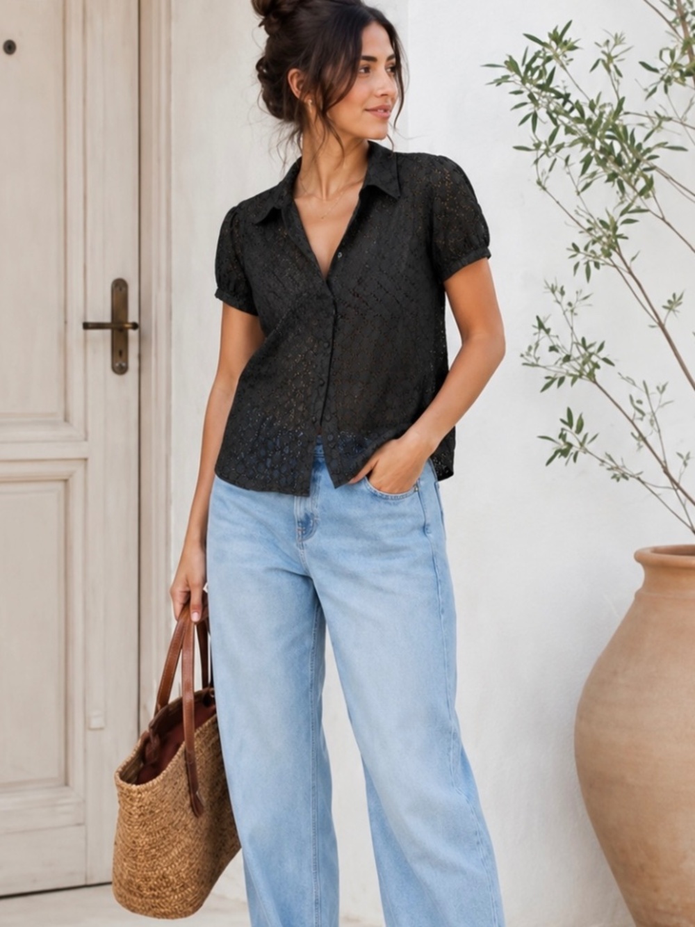 Sandra Ingrish Eyelet Circle Design Button Down Puff Sleeve Top